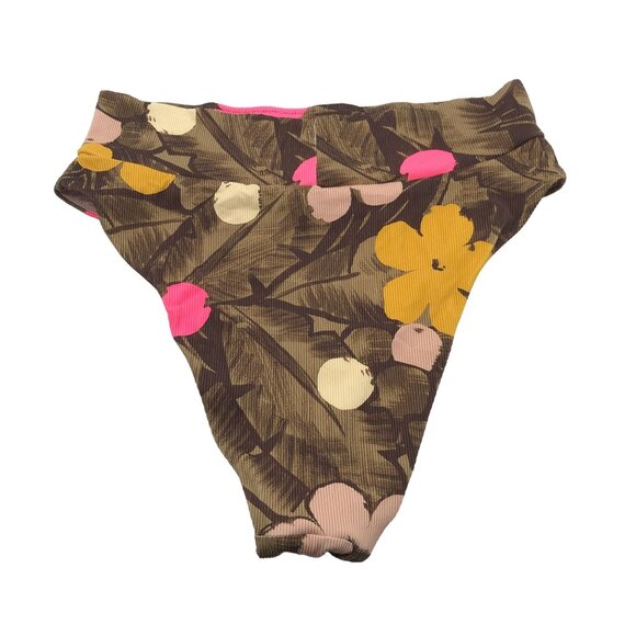 Aerie Womens High Cut Cheeky Swim Bottoms Floral Print Ribbed Brown Pink XL - Picture 2 of 5